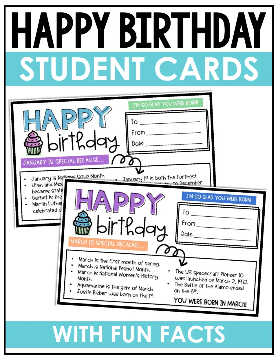 Happy Birthday Student Cards with Fun Facts cover showing sample January and March cards with To, From and Date lines