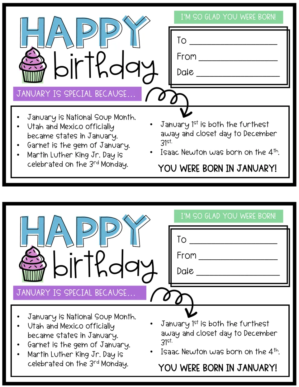 January birthday cards, two per page, with To, From and Date lines and facts on Soup Month, garnet, MLK Jr. Day and Newton