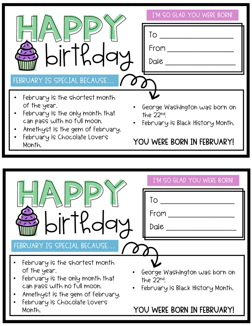 February birthday cards, two per page, listing facts on the shortest month, amethyst, Black History Month and Washington