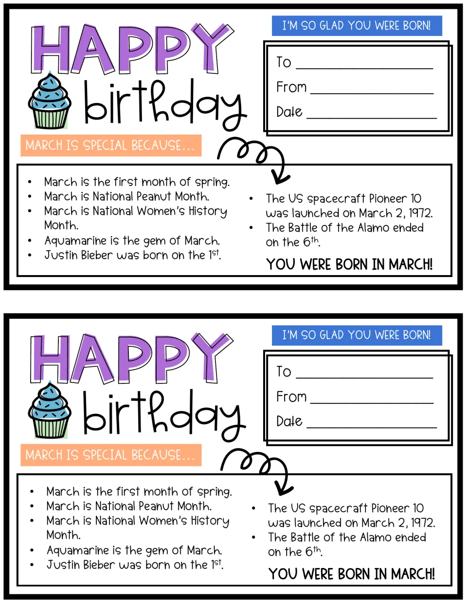 March birthday cards, two per page, with facts on spring, Peanut Month, aquamarine, Pioneer 10 and the Battle of the Alamo