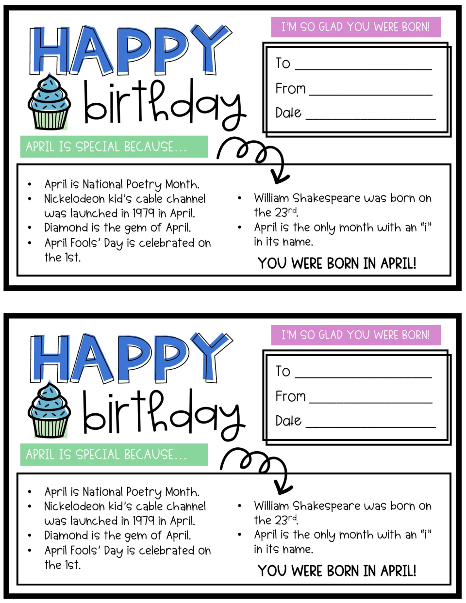 April birthday cards, two per page, with facts on National Poetry Month, diamond, April Fools' Day and William Shakespeare