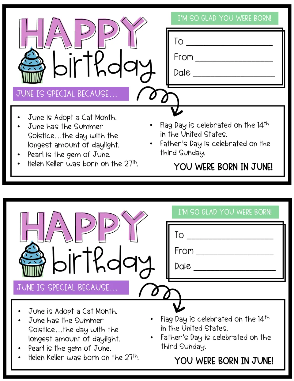 June birthday cards, two per page, with facts on Adopt a Cat Month, the summer solstice, pearl, Flag Day and Helen Keller