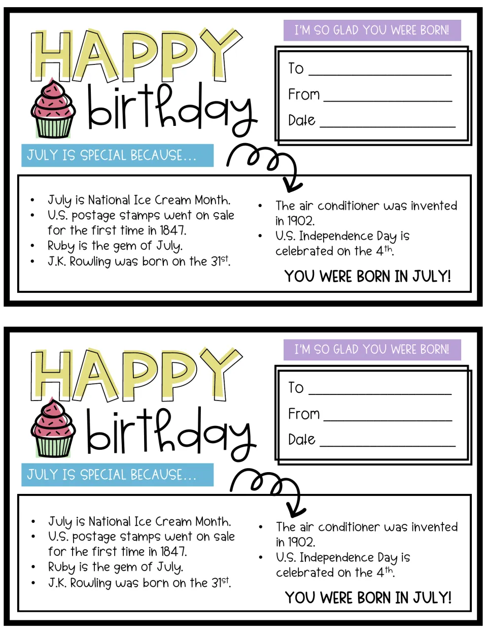 July birthday cards, two per page, with facts on Ice Cream Month, ruby, Independence Day, J.K. Rowling and postage stamps