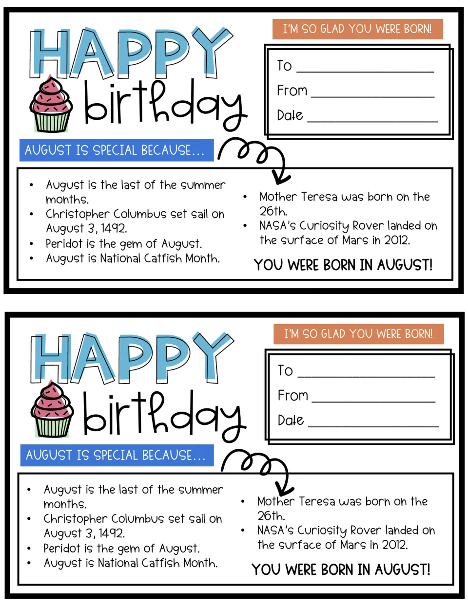 August birthday cards, two per page, with facts on peridot, Columbus in 1492, Mother Teresa and NASA's Curiosity Rover
