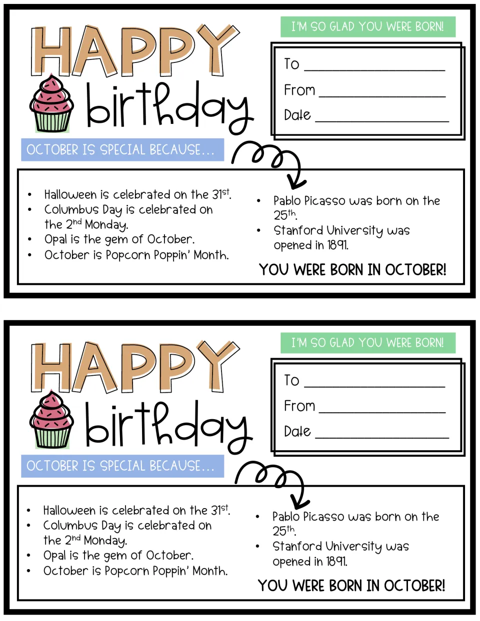 October birthday cards, two per page, with facts on Halloween, opal, Popcorn Poppin' Month and Pablo Picasso
