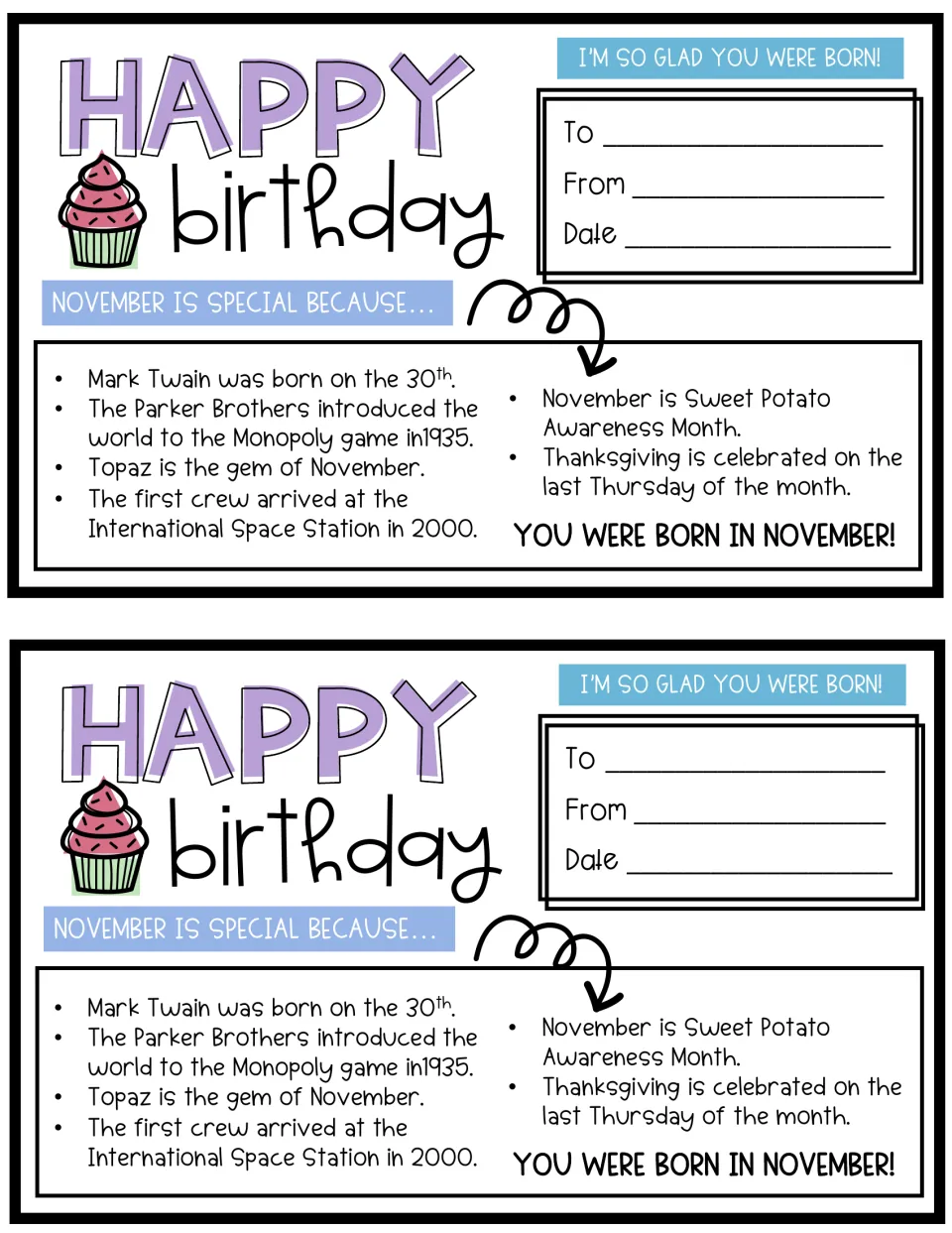 November birthday cards, two per page, with facts on Mark Twain, Monopoly, topaz, the Space Station crew and Thanksgiving