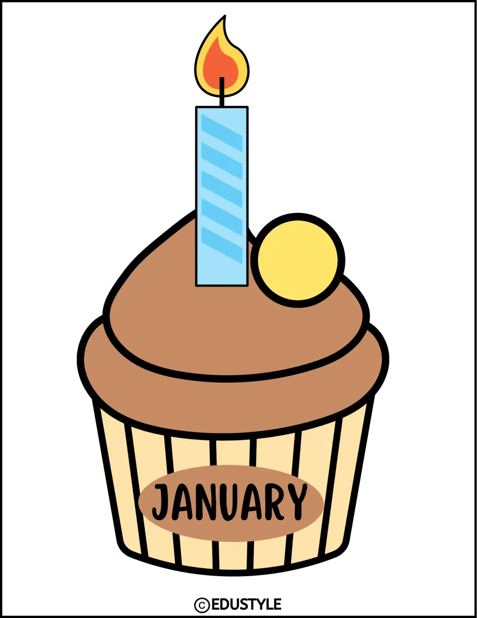 January birthday month cupcake: chocolate-frosted cupcake with a lit blue candle, a yellow candy and JANUARY on its wrapper