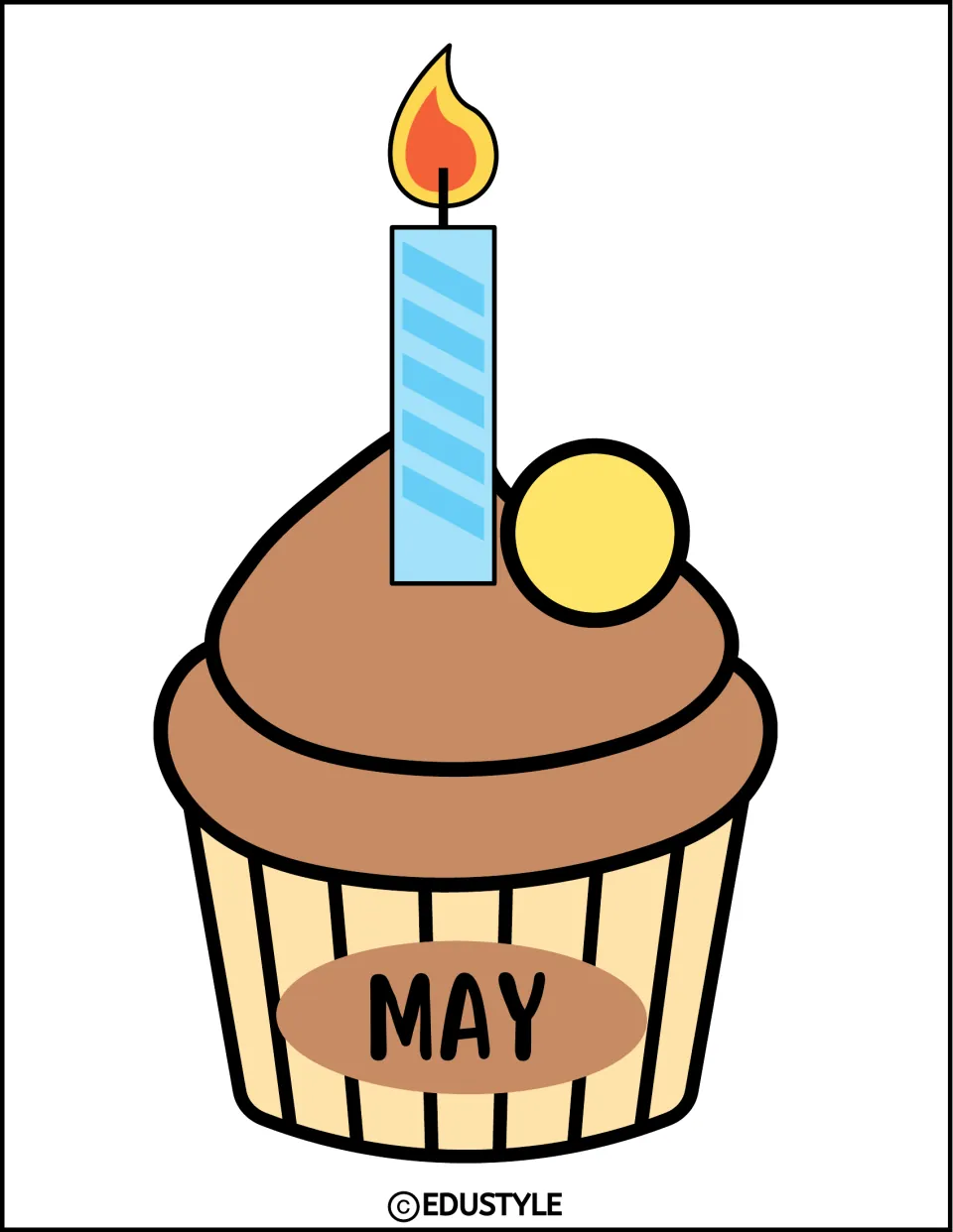 May birthday month cupcake: chocolate frosting topped with a round yellow candy and a lit blue candle, labeled MAY