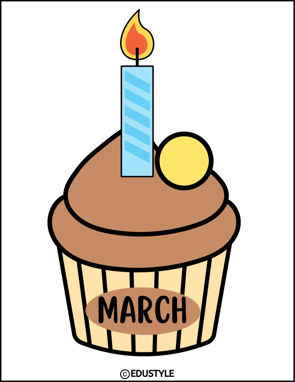 March birthday cupcake with chocolate swirl frosting, a yellow candy and a lit candle; the word MARCH sits on the wrapper