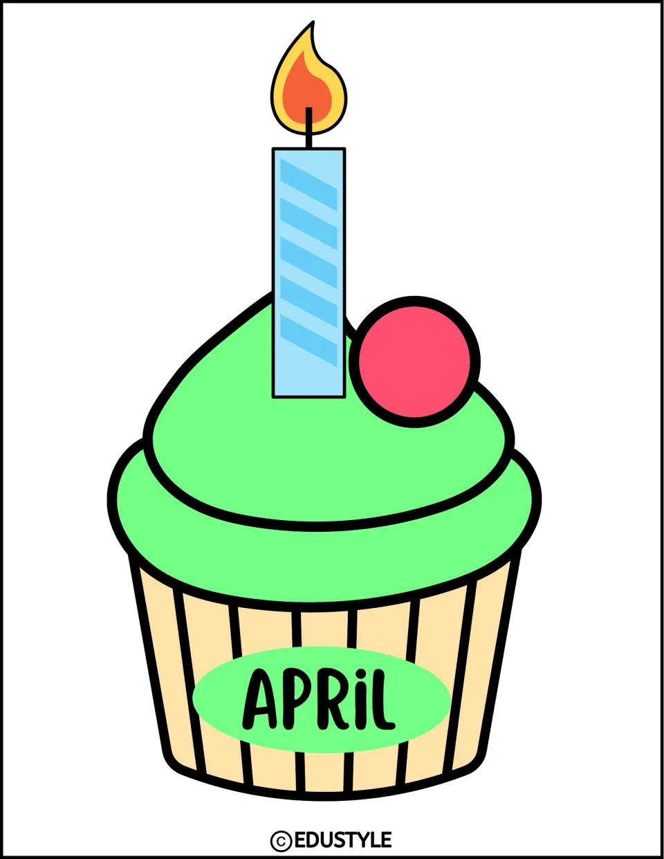 April birthday cupcake: green swirl frosting, a red cherry and one lit striped candle, labeled APRIL on its striped wrapper