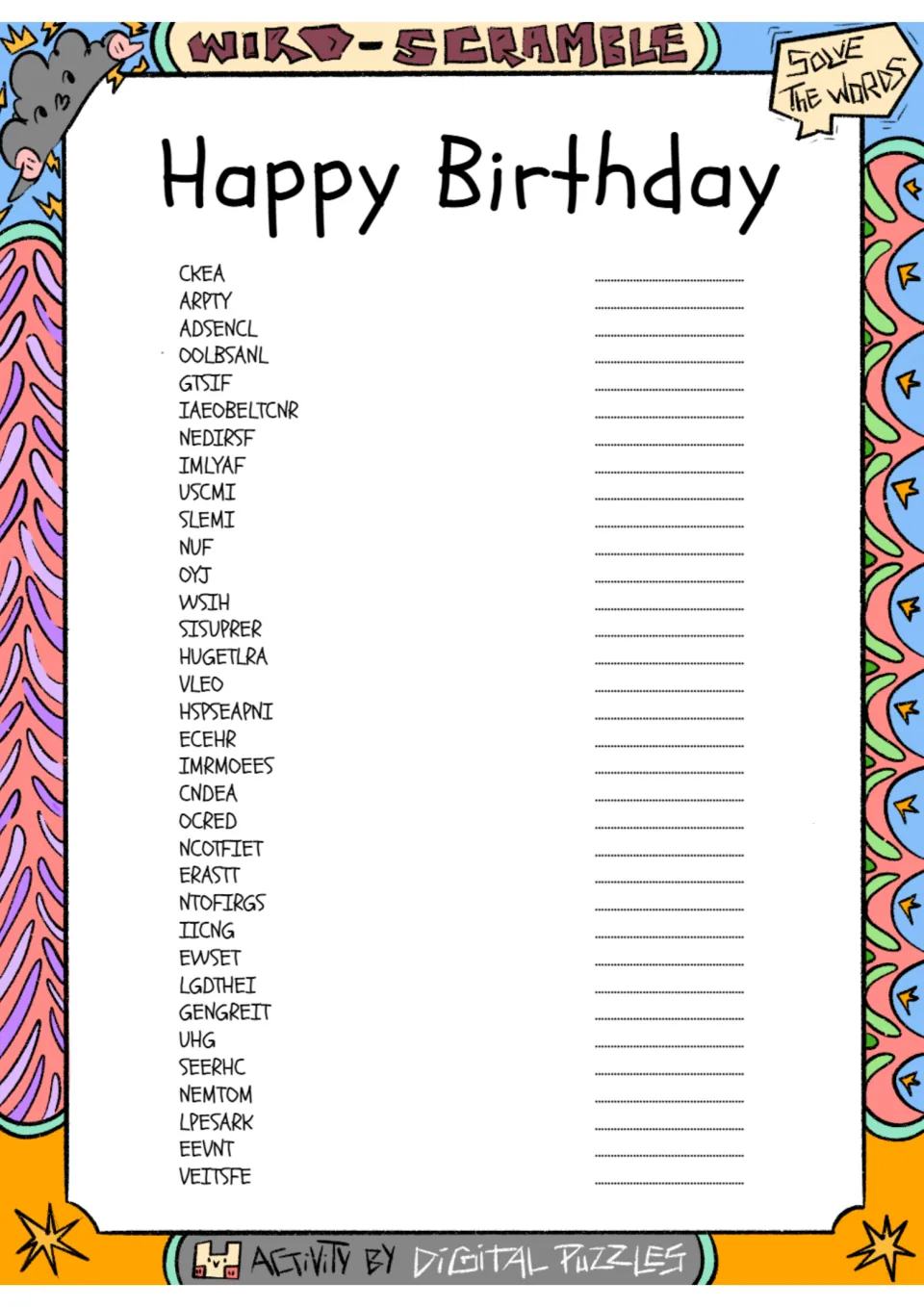 Birthday word scramble: 34 jumbled words, including CKEA, ARPTY and ADSENCL, to solve as themed vocabulary.