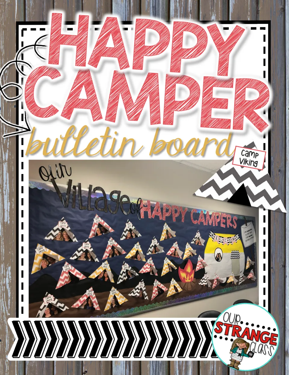 Happy Camper Bulletin Board Set cover showing an assembled display with photo tents and a camping theme