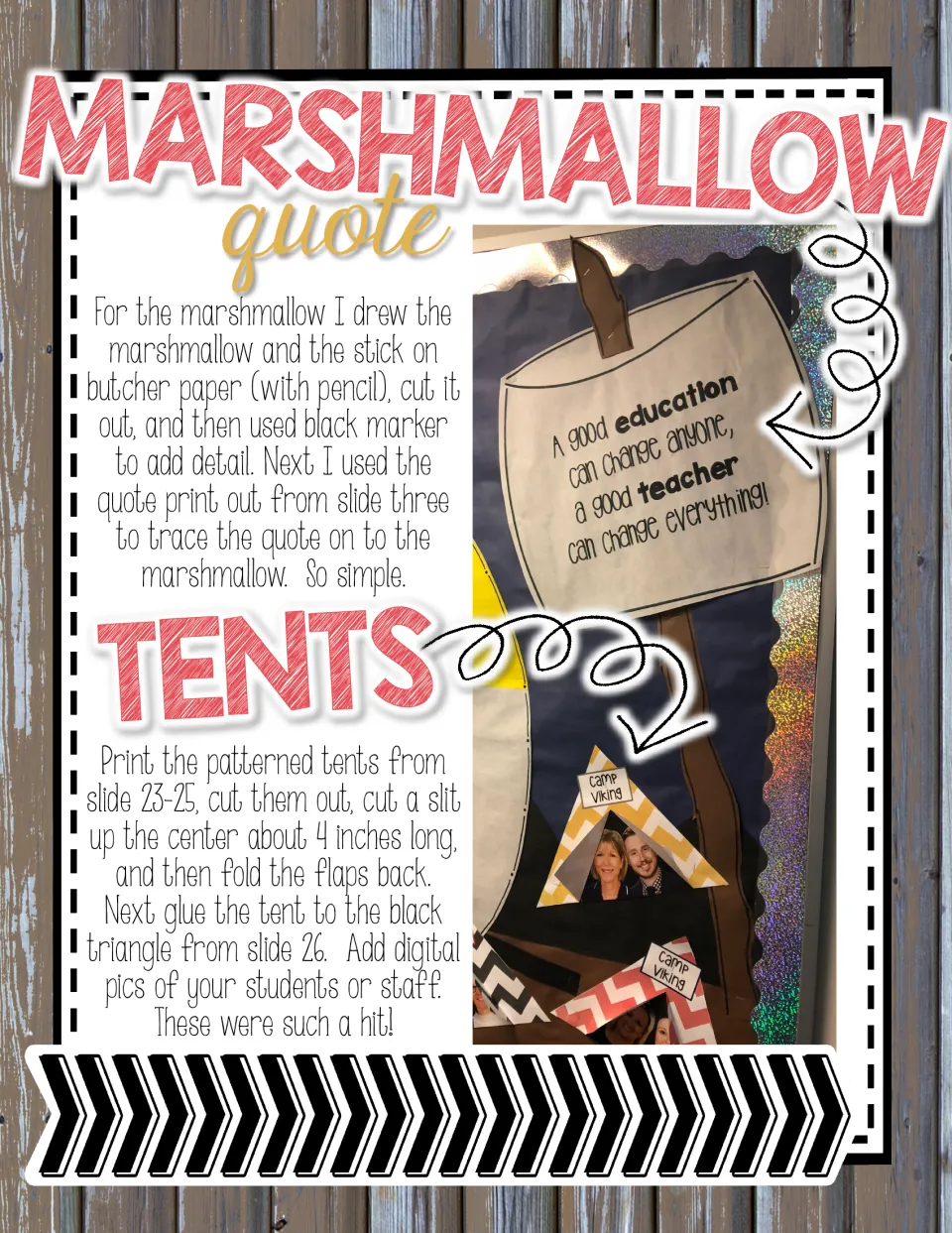 Assembly directions for the bulletin board's marshmallow quote and patterned tents with student or staff photos