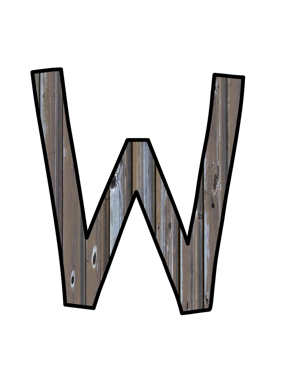 Wood-patterned uppercase W cutout for the camping bulletin board's Welcome, We are, or Village header