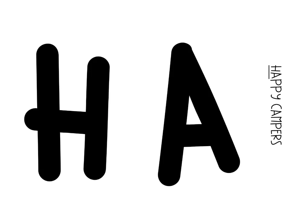 Bulletin board letters H and A in bold black print, the first two letters of HAPPY CAMPERS, ready to cut out and display