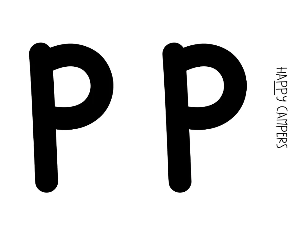 Bulletin board letters: two bold black P cut-outs that spell the middle of HAPPY in the HAPPY CAMPERS headline