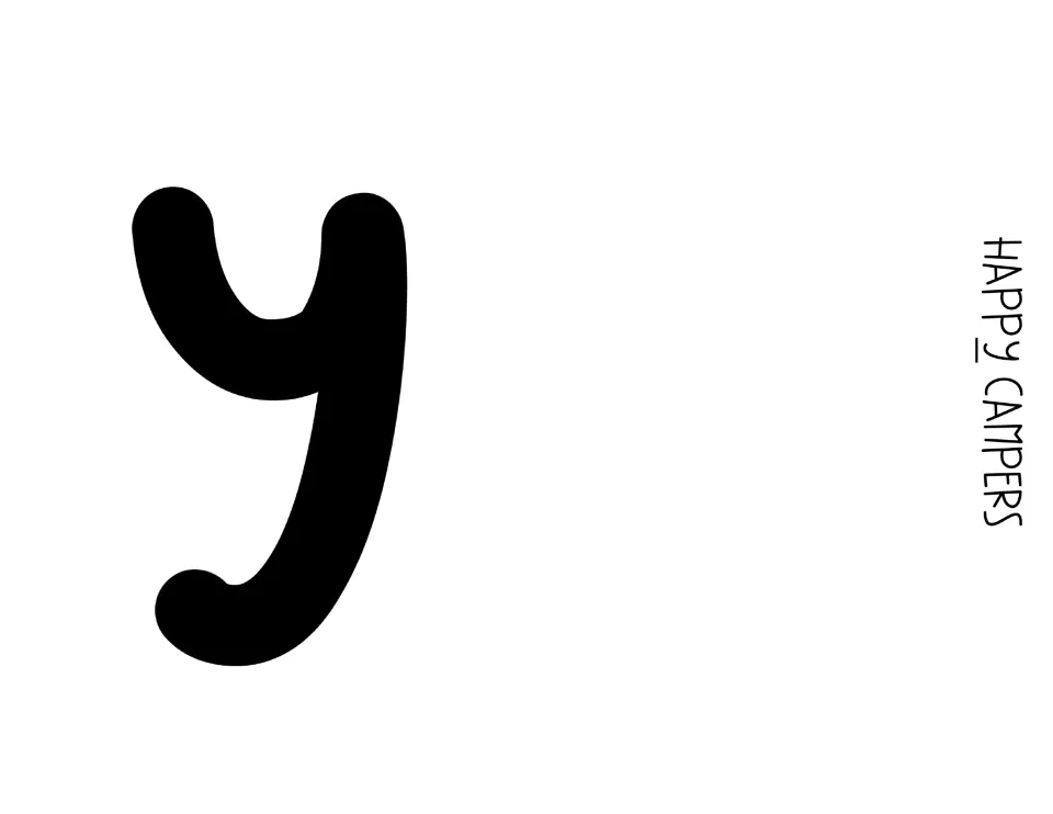 Bulletin board letter Y in bold black print, the final letter of HAPPY, with a side label marking its place in the title