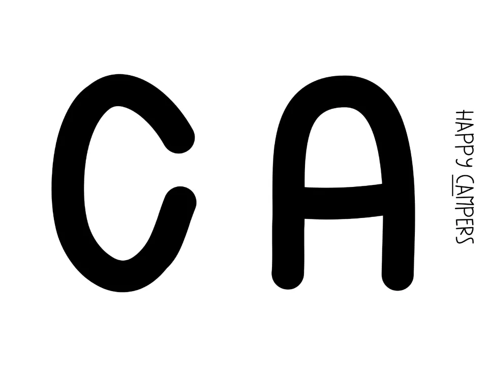 Bulletin board letters C and A in bold black print, the first two letters of CAMPERS, ready to trace or cut out