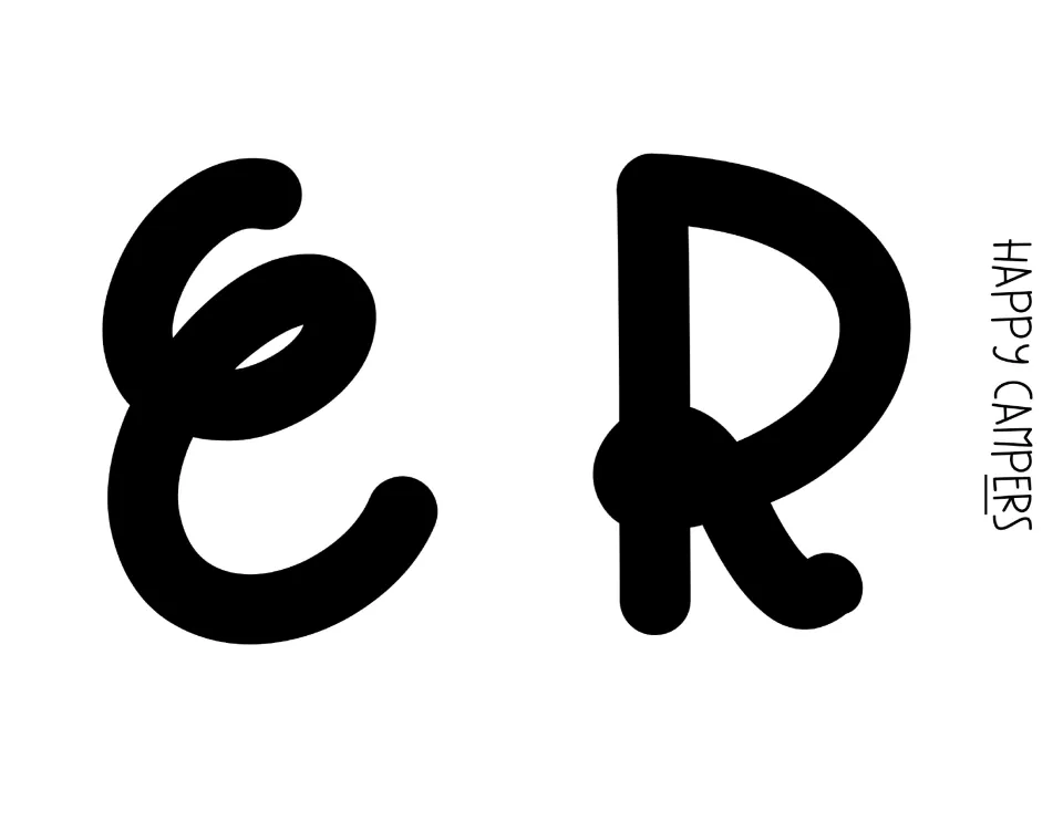 Bulletin board letters E and R in a bold curly black print, continuing the word CAMPERS for the display headline