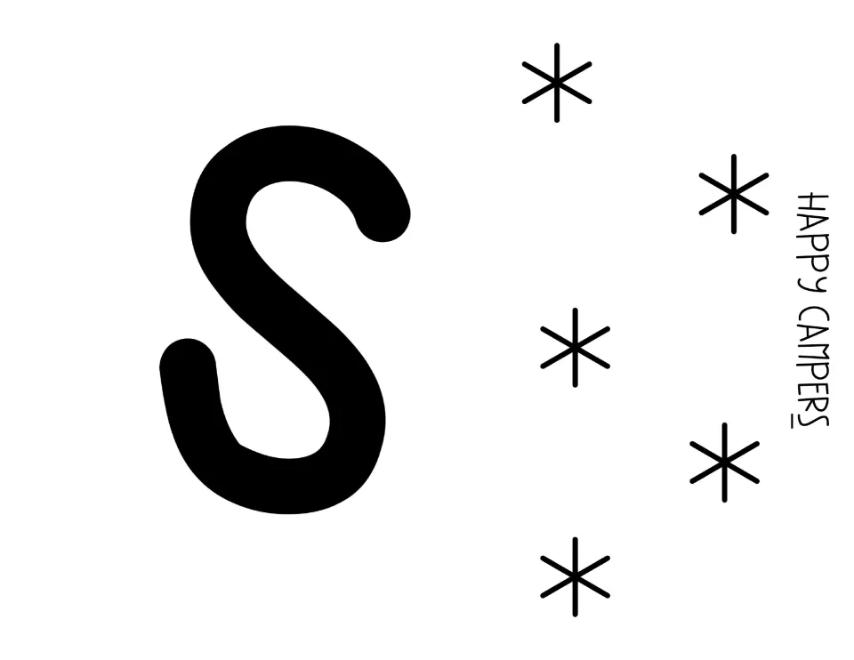 Bulletin board letter S that ends CAMPERS, plus five black asterisk star accents to cut out and scatter on the board