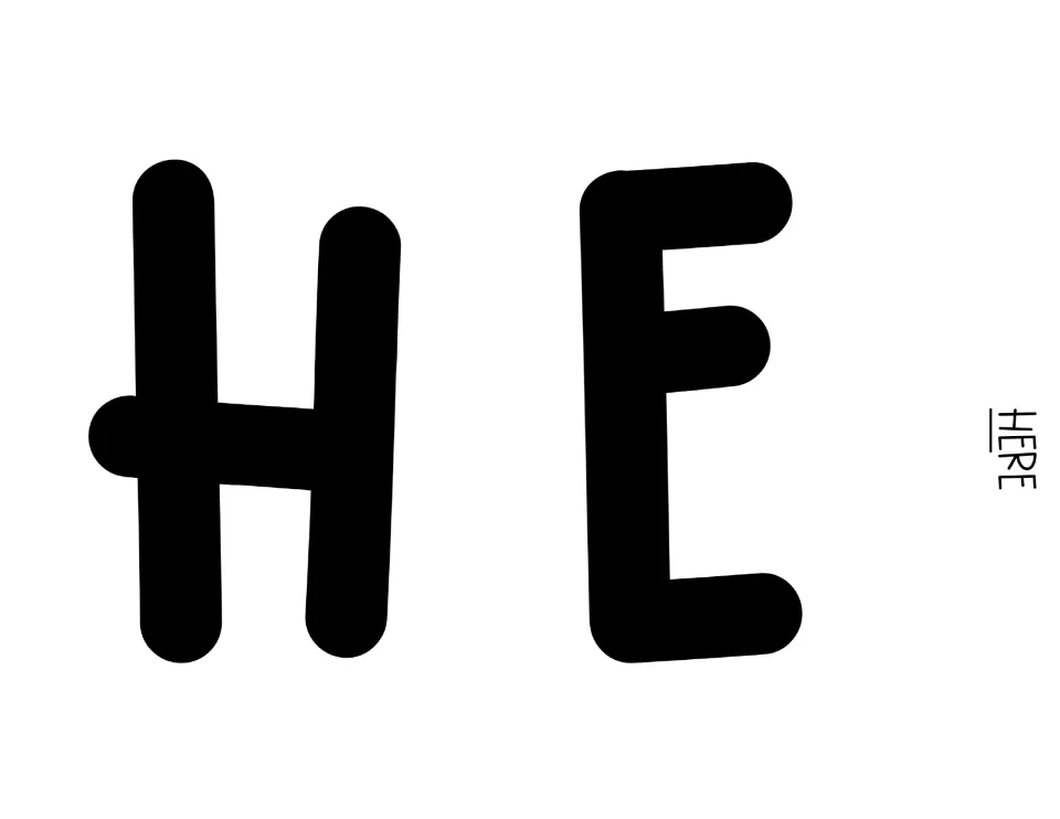Bulletin board letters H and E in bold black print, the opening letters of the word HERE in the display headline