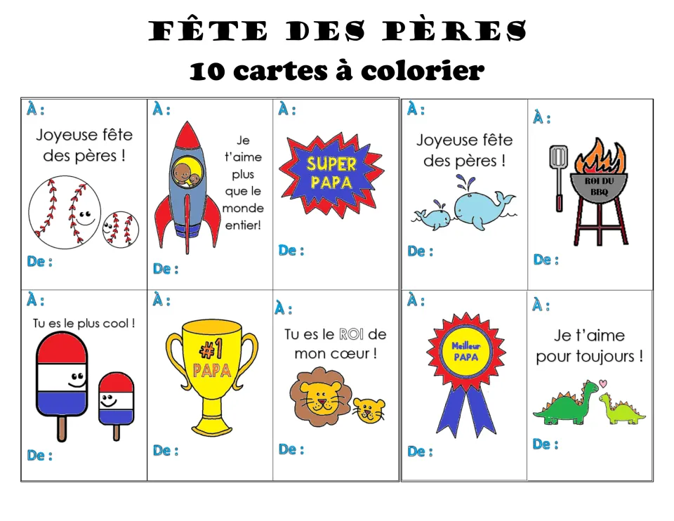 Fête des pères cover: 10 French Father's Day colouring cards shown in colour, from Super Papa to Roi du BBQ