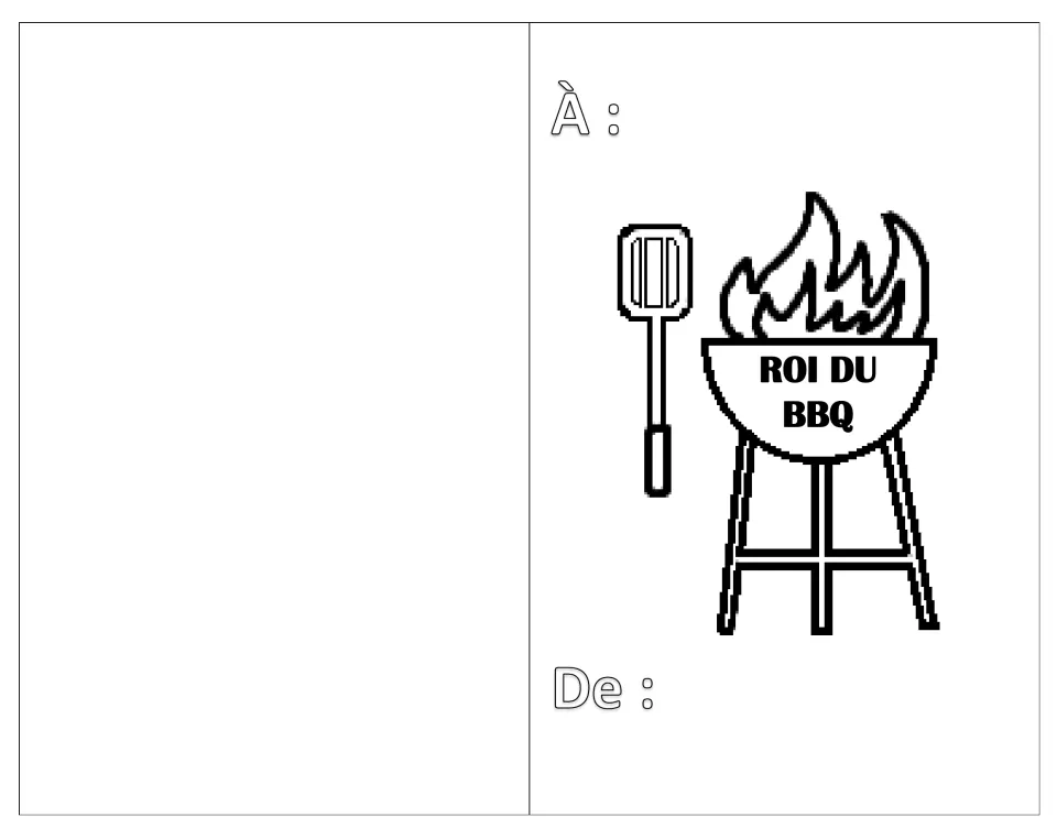 Roi du BBQ card: students colour a flaming barbecue grill and spatula labelled ROI DU BBQ, then add names
