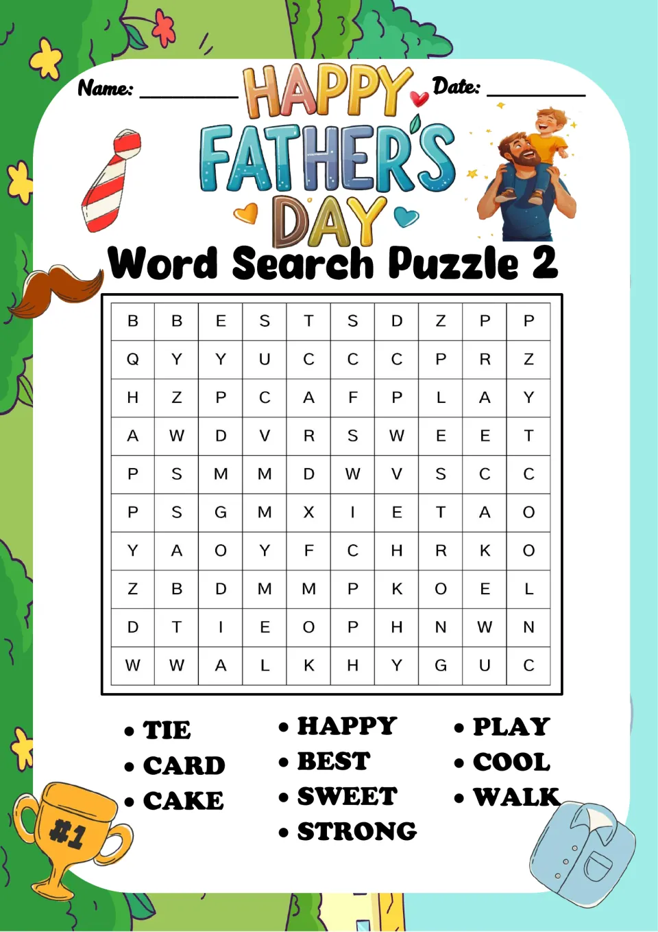 Word Search Puzzle 2 on dad and celebration words: students look for TIE, CARD, CAKE, HAPPY, SWEET, STRONG and COOL