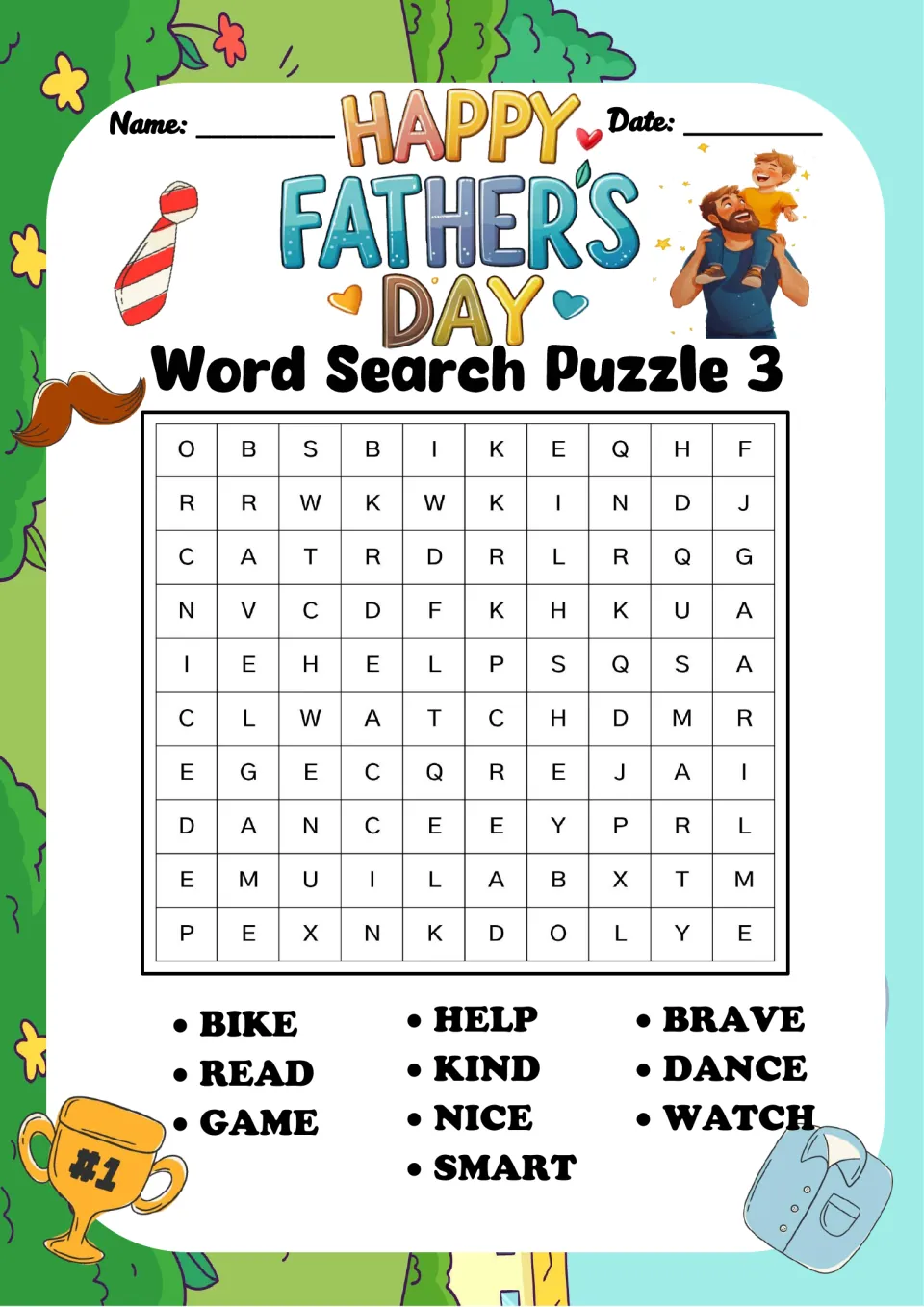 Word Search Puzzle 3: students locate activity and trait words like BIKE, READ, HELP, KIND, BRAVE, DANCE and SMART