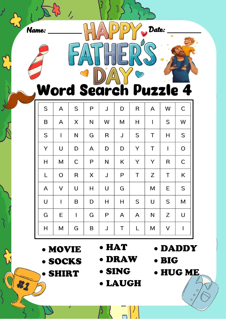 Word Search Puzzle 4: students hunt for MOVIE, SOCKS, SHIRT, HAT, DRAW, SING, LAUGH, DADDY, BIG and the phrase HUG ME