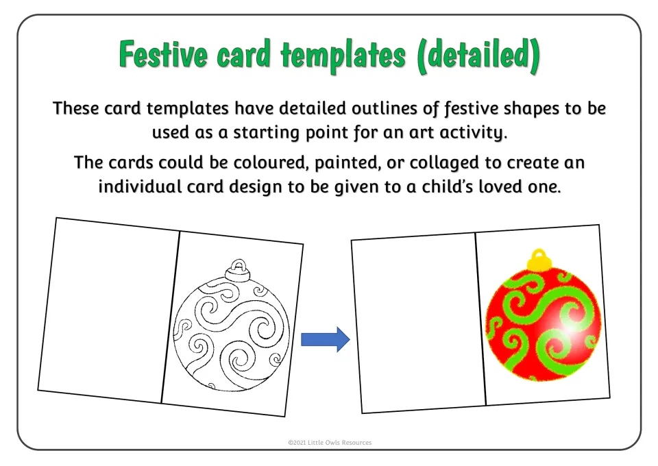Holiday card instructions explain coloring, painting, or collage, with an ornament card shown before and after.