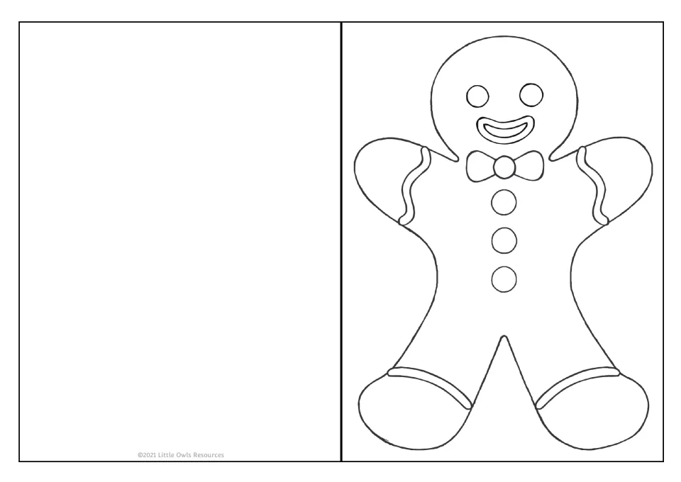 Holiday card template 1 of 9 features a gingerbread person with a bow tie, three buttons, and icing details.