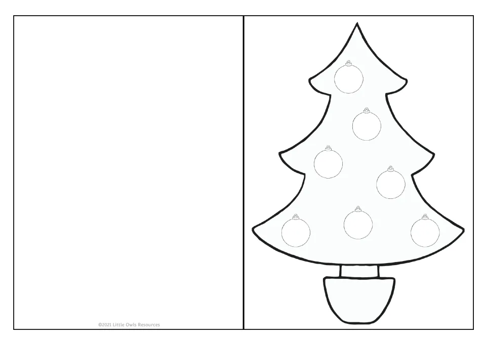 Holiday card template 2 of 9 features a Christmas tree in a pot with seven round ornaments to decorate.