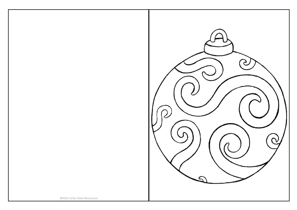 Holiday card template 4 of 9 features a round ornament with swirling patterns and a hanging loop to color.