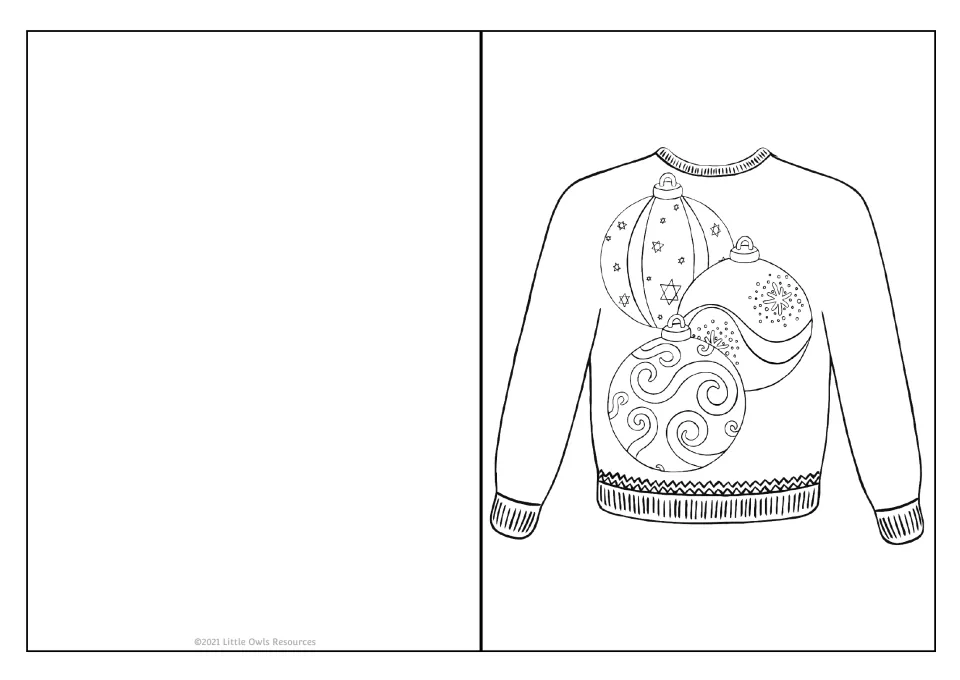 Holiday card template 5 of 9 features a sweater decorated with three patterned ornaments and ribbed trim.