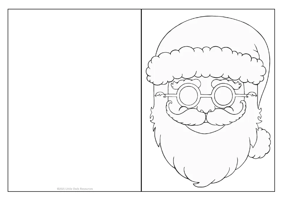 Holiday card template 6 of 9 features Santa's face with round glasses, a mustache, a beard, and a floppy hat.