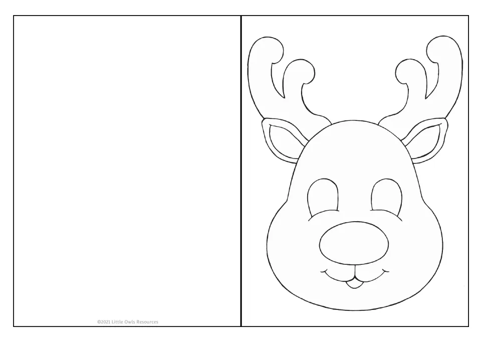 Holiday card template 7 of 9 features a smiling reindeer face with branching antlers and a large oval nose.