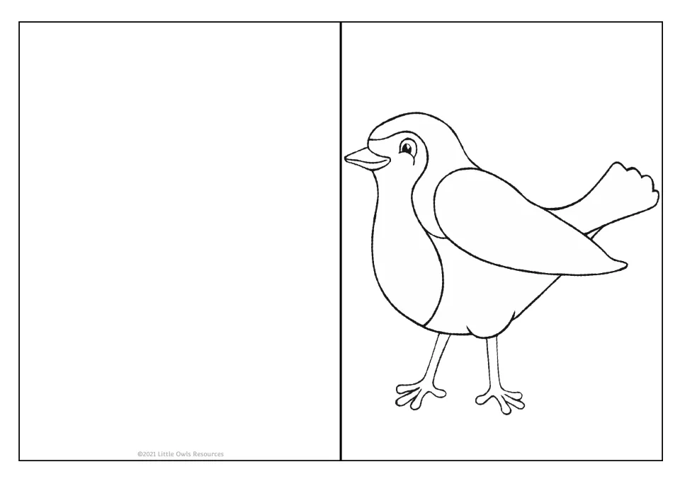 Holiday card template 8 of 9 features a bird in side view with an outlined breast, wing, tail, and two feet.