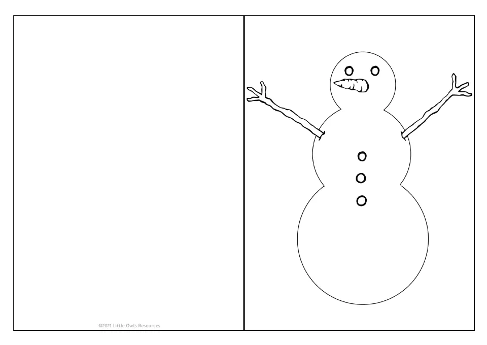 Holiday card template 9 of 9 features a three-section snowman with twig arms, a carrot nose, and buttons.