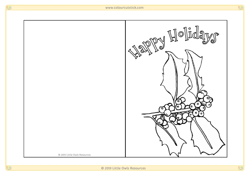 Fold-over holiday card: students color a large holly sprig with berries under arched Happy Holidays and write inside