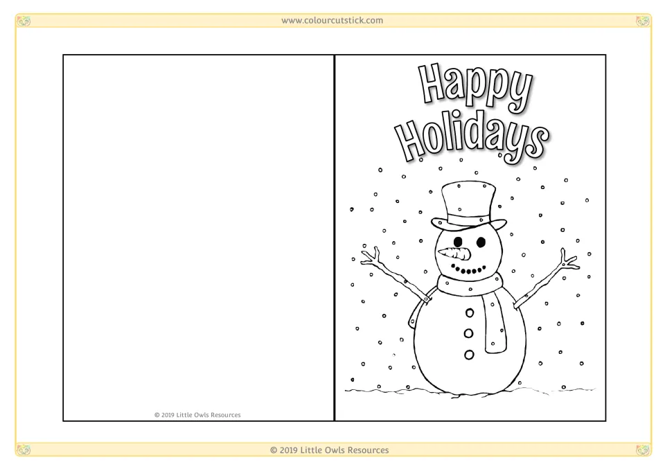 Snowman greeting card: students color a snowman in top hat and scarf among falling snow and add a message inside