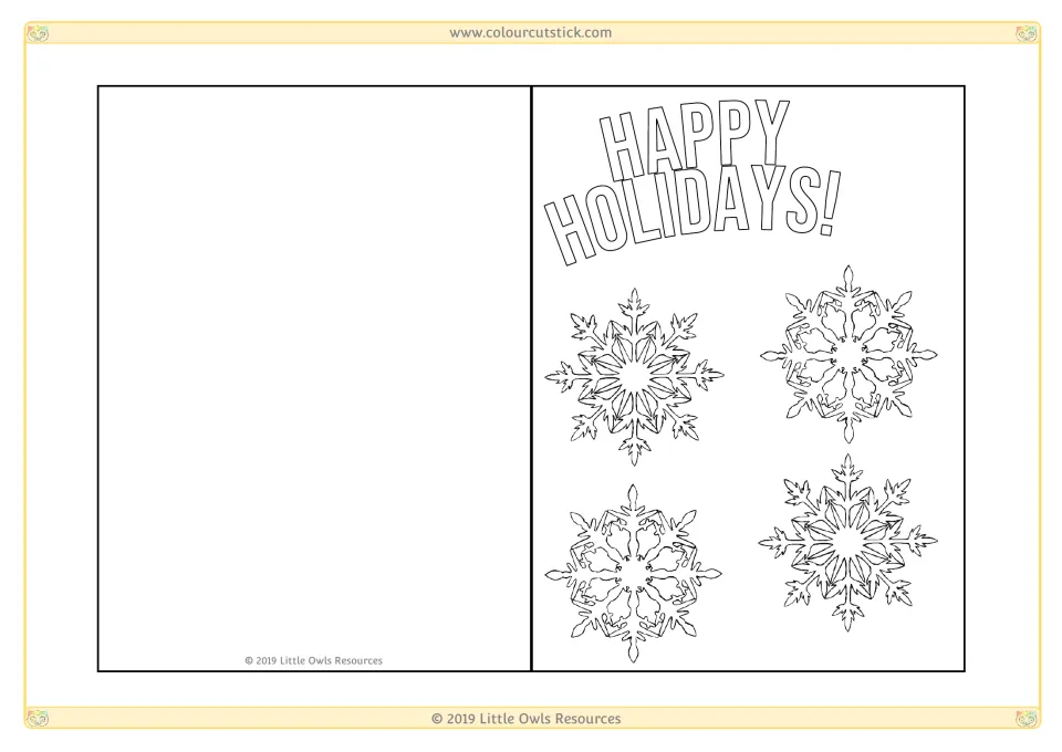 Snowflake holiday card: students color four detailed snowflakes below bold HAPPY HOLIDAYS! lettering and write a greeting
