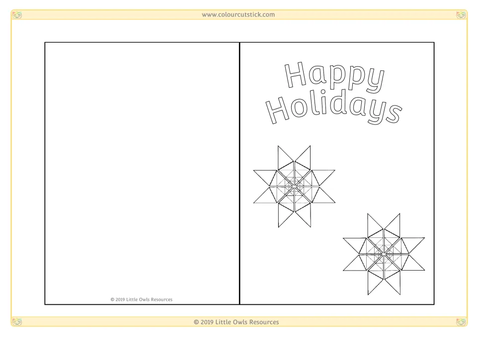 Geometric star card: students color two triangle-pattern stars under outlined Happy Holidays text and write a card message