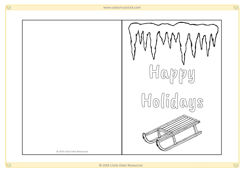 Sled greeting card: students color hanging icicles, Happy Holidays bubble letters and a wooden sled, then write a message
