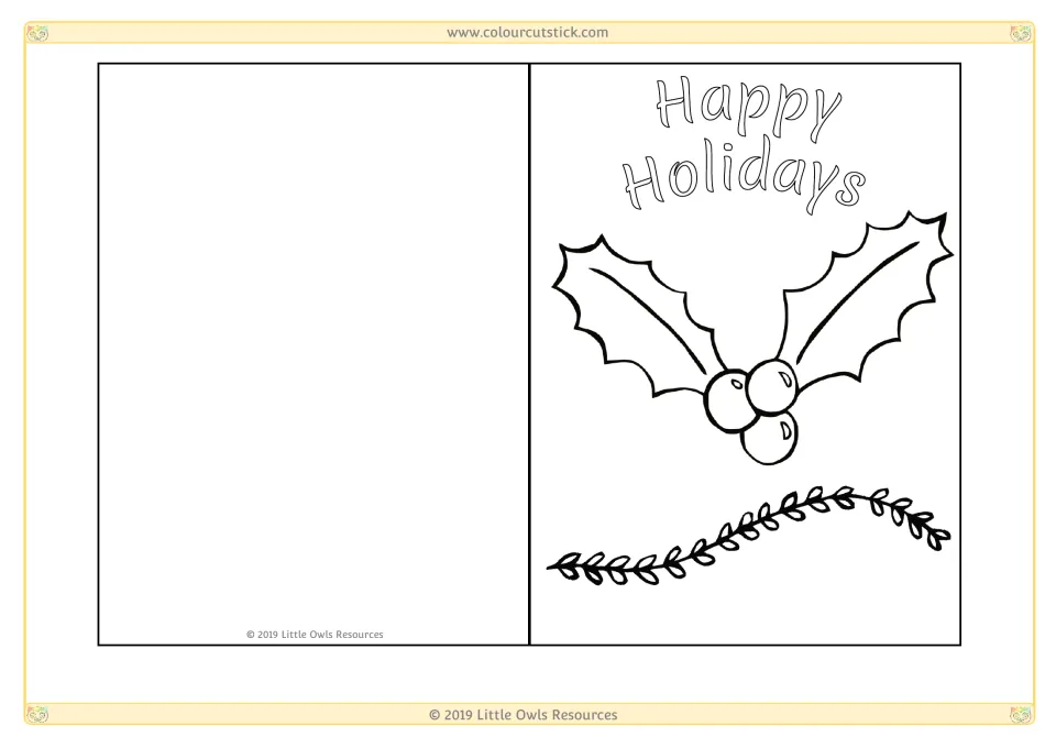 Holly and berries card: students color two bold holly leaves, three berries and a leafy vine under Happy Holidays script