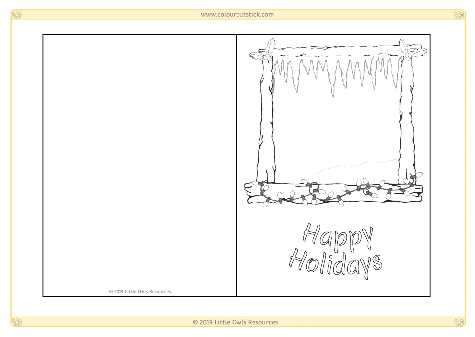 Window frame card: students draw a scene inside a frosted log frame with icicles and string lights above Happy Holidays