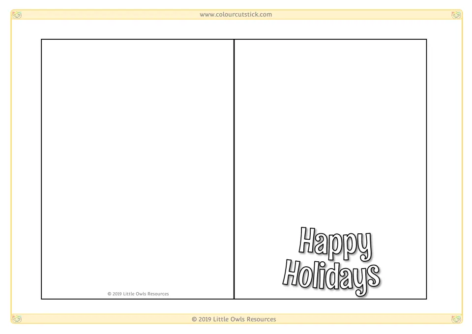 Blank-front greeting card: Happy Holidays bubble letters in the lower corner leave room for a student drawing above them