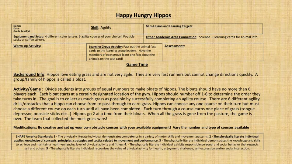 Agility game lesson plan: teams collect grass tokens by completing six courses, with rules and modifications.