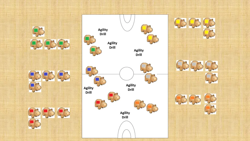 Color gym setup diagram for the agility game shows six teams, with two hippos per team at drill stations.