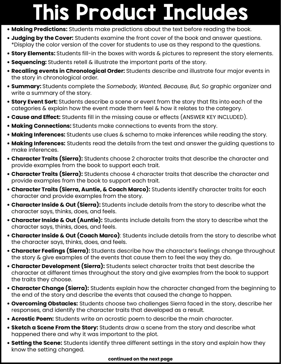 Activity overview lists prediction, sequencing, inference, and character tasks, ending with Setting the Scene.